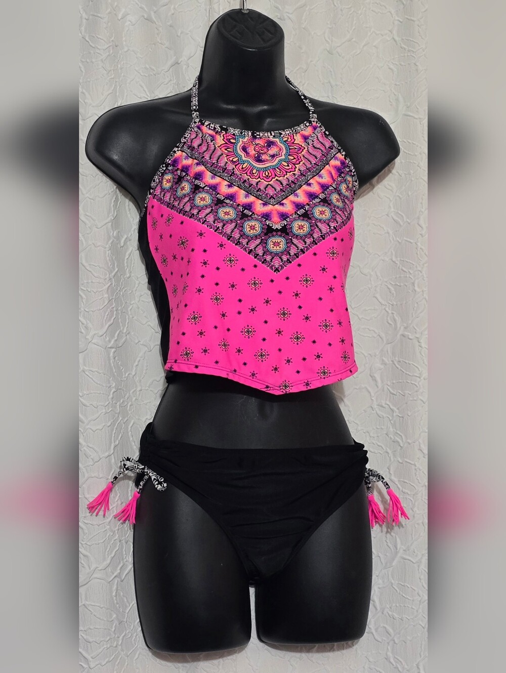 Wonder Nation 2 Piece Pink and Black Swimsuit Set Size L (10-12) Plus